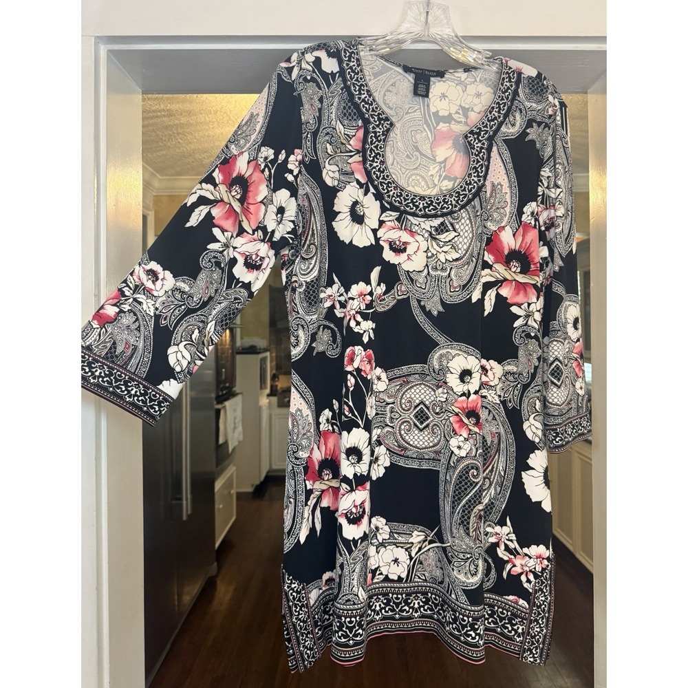 White House Black Market Tunic Dress Sz L Boho‎ Gypsy Floral Embroidered Midi